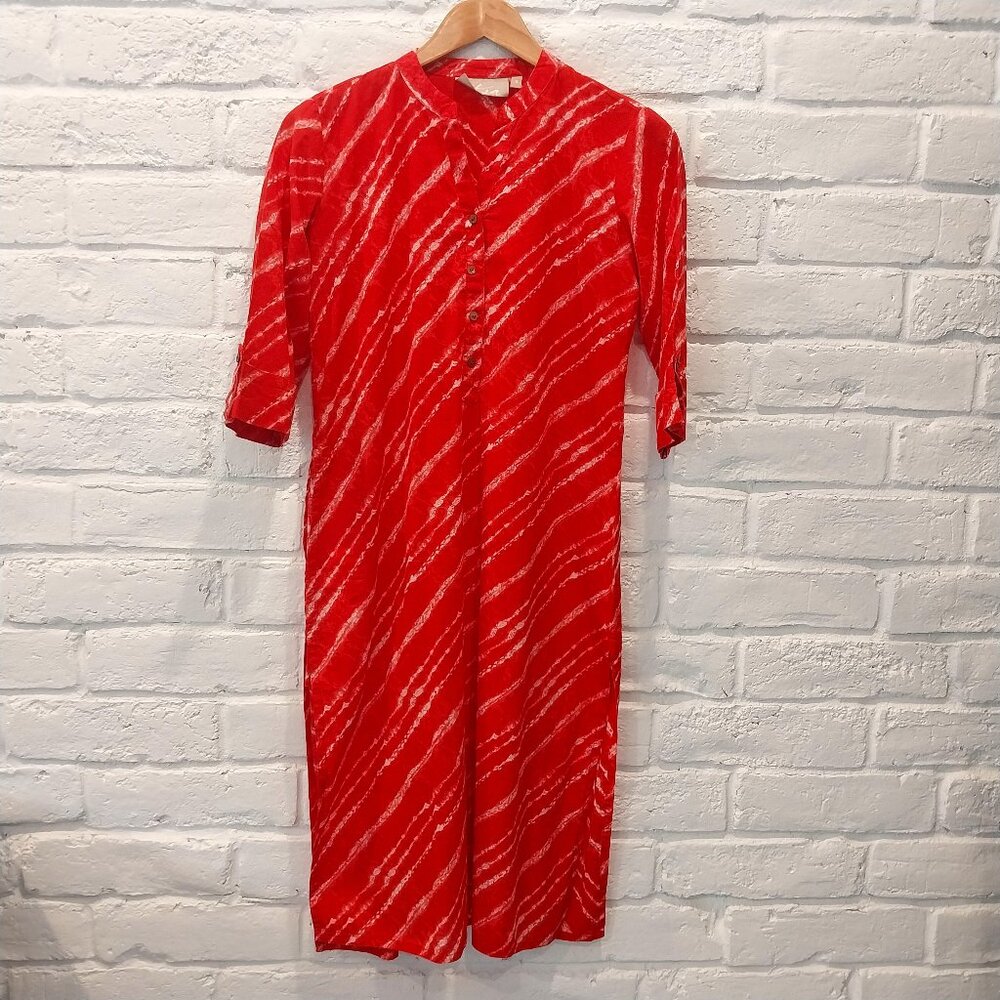 Utsa Caftan Maxi Dress Small Red White Side Slits 3/4 Sleeve Tunic Indian Kurta,